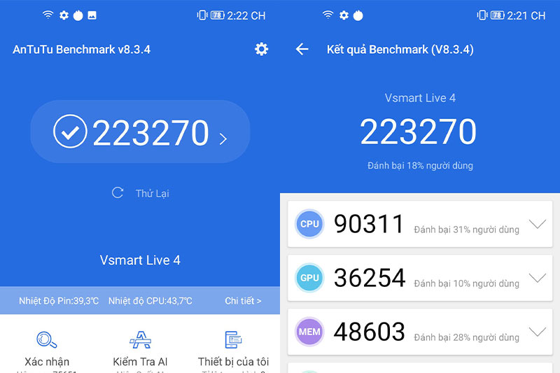 Vsmart Live 4 4GB đạt 223270 điểm Antutu